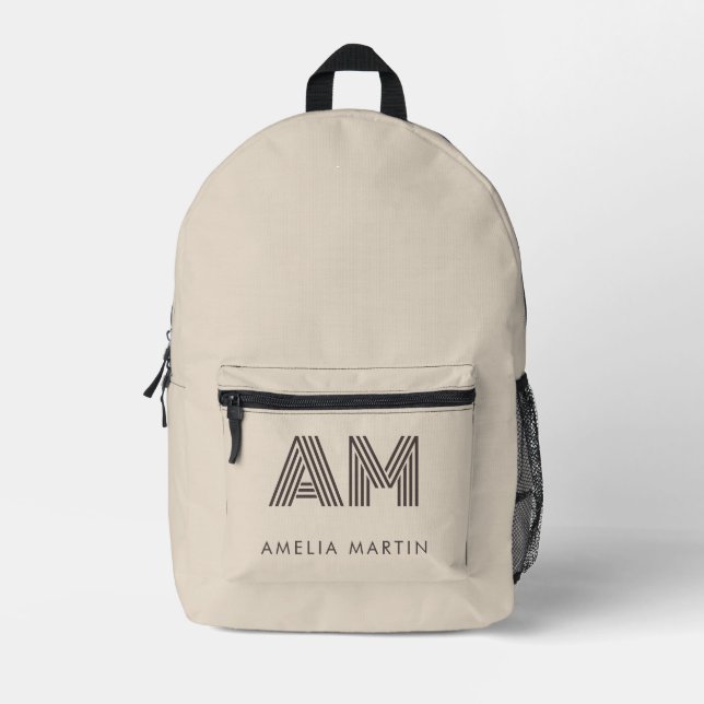 Minimalist Taupe Beige Geometric Custom Monogram Printed Backpack (Front)
