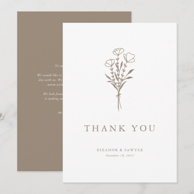 Minimalist Taupe Floral Bouquet Wedding Thank You Card (Front/Back)