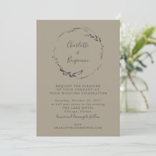 Minimalist Taupe Gray Floral Wreath Script Wedding Invitation
