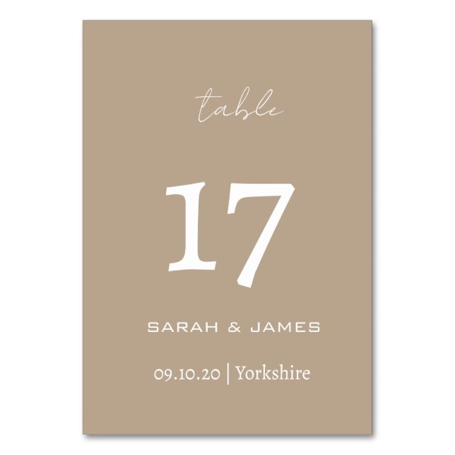 Minimalist Taupe Script Wedding Personalized   Table Number (Front)