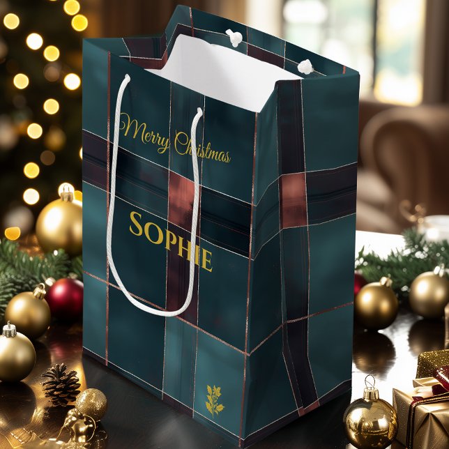 Minimalist Teal and Burgundy Plaid Christmas Medium Gift Bag (Creator Uploaded)