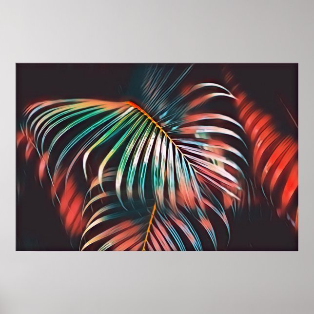 Minimalist Teal and Coral Tropical Palm Leaves Poster (Front)