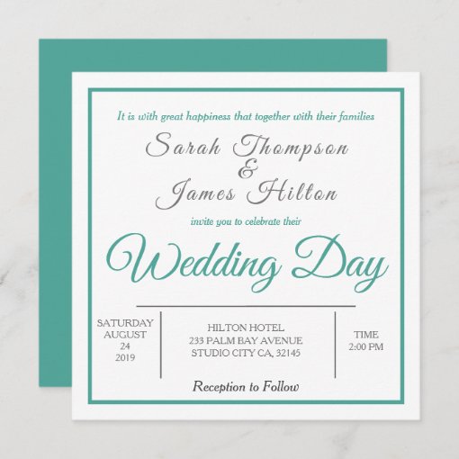 Minimalist Teal And Gray Wedding Invitation 