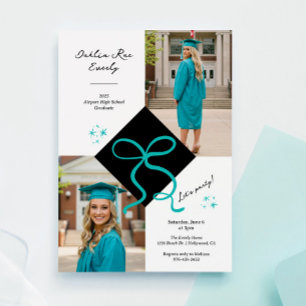 Minimalist Teal Blue Cap and Bow Graduation Photo Invitation