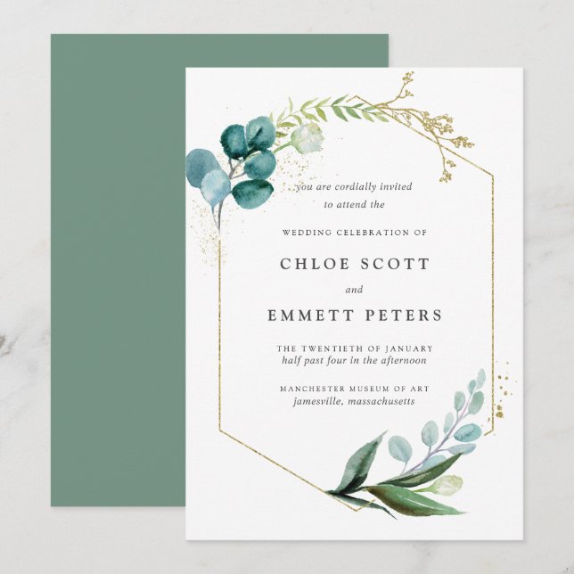 Minimalist Teal Blue Gold Botanical Wedding Invitation (Front/Back)