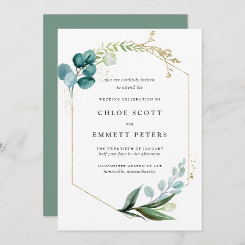 Minimalist Teal Blue Gold Botanical Wedding Invitation