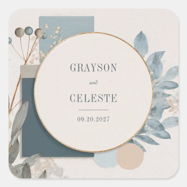 Minimalist Teal Blue Gold Circle Geometric Wedding Square Sticker (Front)