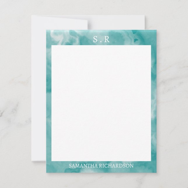Minimalist Teal Blue Marble Border Monogram Note Card (Front)