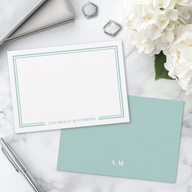Minimalist Teal Blue Two Border Monogram Note Card (Minimalist Teal Blue Two Border Monogram Note Card)