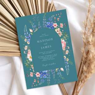 Minimalist Teal Boho Wildflower Wedding Invitation