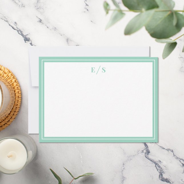 Minimalist Teal Border Monogram Note Card (Creator Uploaded)