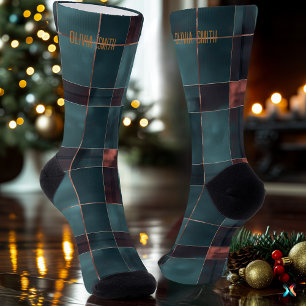 Minimalist Teal & Burgundy Christmas Plaid Custom Socks