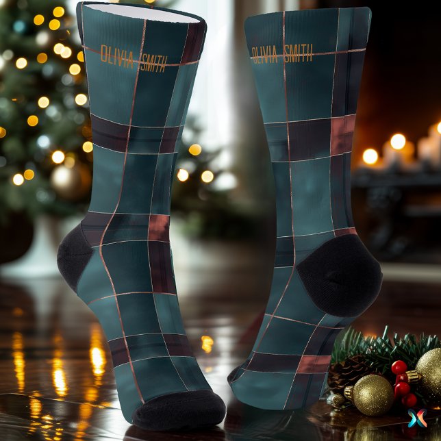 Minimalist Teal & Burgundy Christmas Plaid Custom Socks (Creator Uploaded)