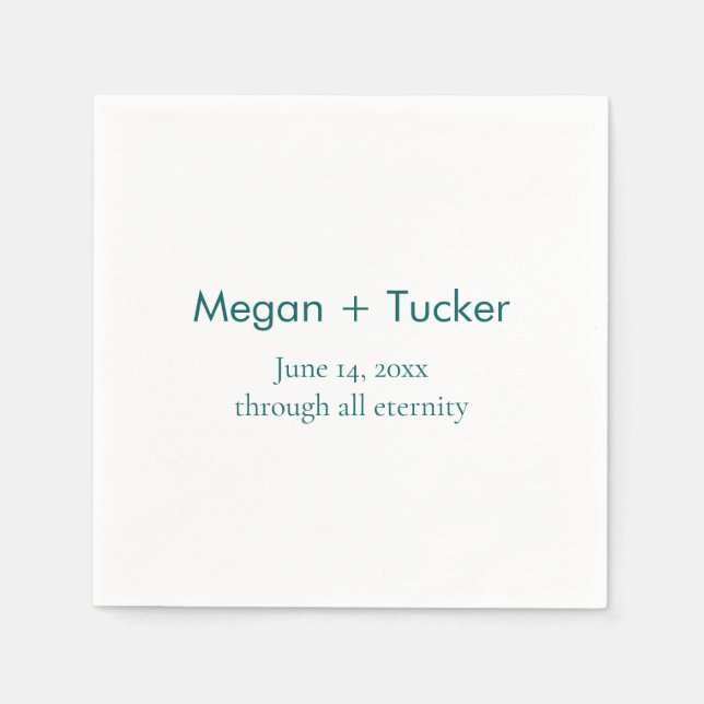 Minimalist Teal Couple Names and Date Wedding Napkins (Front)