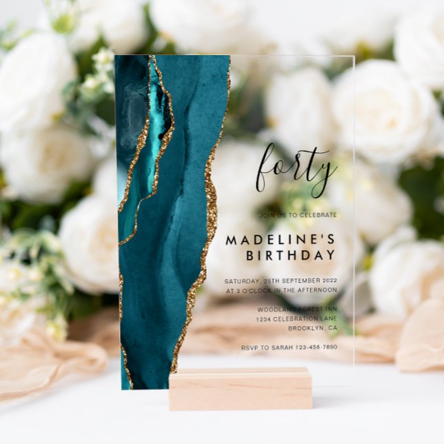 Minimalist Teal Gold Agate Geode 40th Birthday Acrylic Invitations (Creator Uploaded)