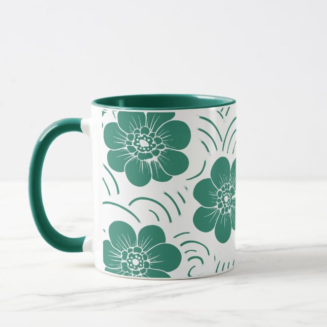 Minimalist Teal Green Block Print Floral Two-Tone Mug (Left)