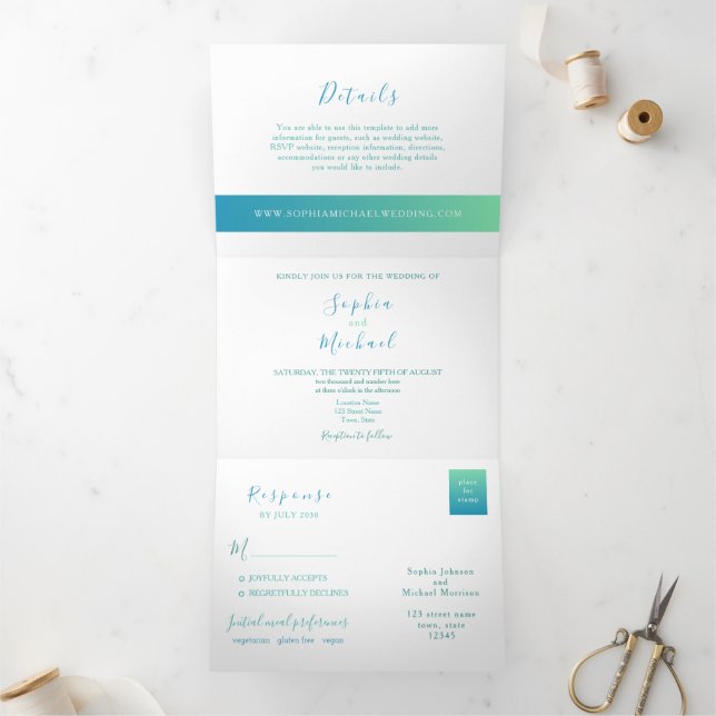 Minimalist Teal Photo Wedding Tri-Fold Invitation (Inside)