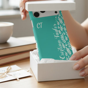 Minimalist Teal & Pink Leaf Pattern Custom Name iPhone 17 Pro Max Case