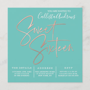 Minimalist Teal Rose Gold Typography Sweet 16 Invitation
