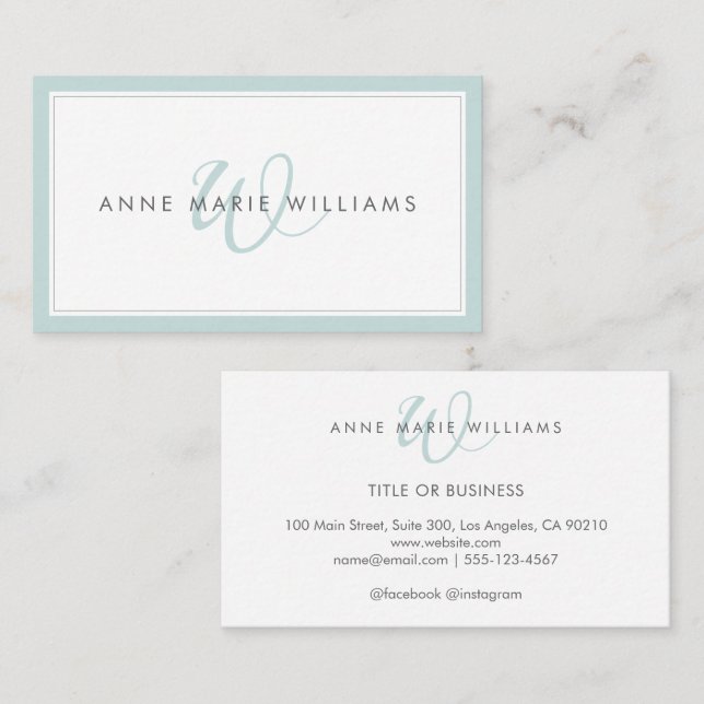 Minimalist Teal Script Two Border Monogram Business Card (Front/Back)