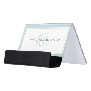 Minimalist Teal Script Two Border Monogram Desk Business Card Holder