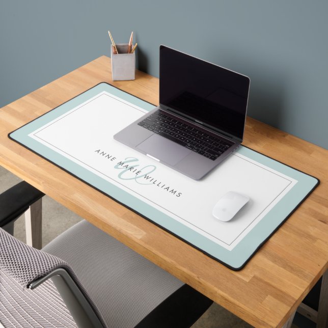 Minimalist Teal Script Two Border Monogram Desk Mat (Office 2)