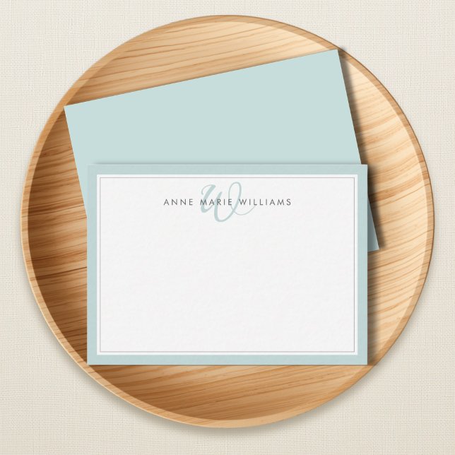 Minimalist Teal Two Border Monogram Note Card (Creator Uploaded)