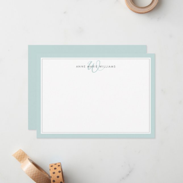 Minimalist Teal Two Border Monogram Note Card (Front/Back In Situ)