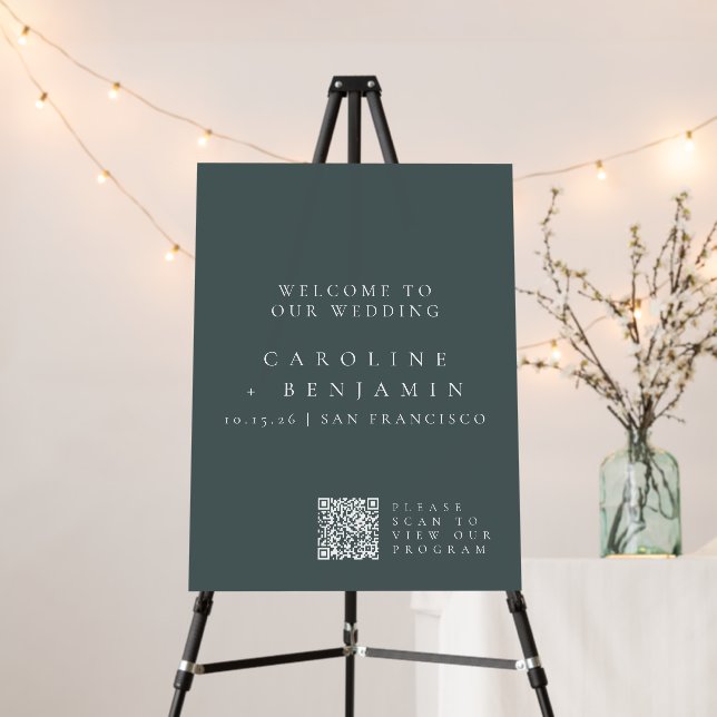 Minimalist Teal Wedding Program QR Code Sign (In Situ (Stand))