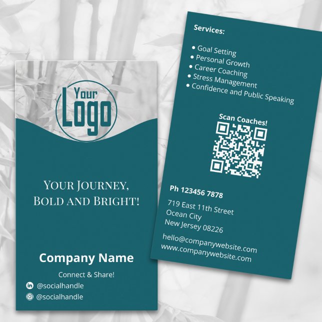 Minimalist Teal White Life Coach Company Business Card (Minimalist Teal White Life Coach Company Business Card, Portrait Format, QR code, Service List)
