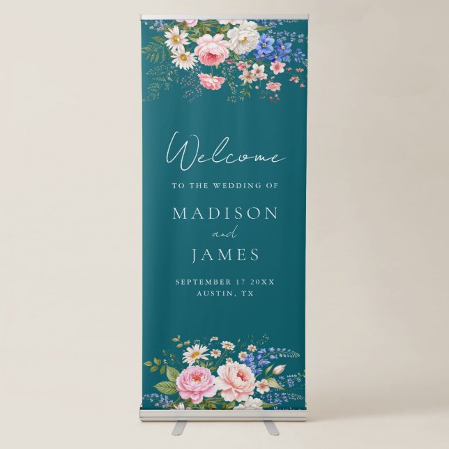 Minimalist Teal Wildflower Floral Welcome Wedding Retractable Banner (Front)