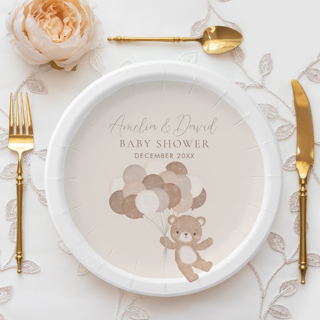 Minimalist Teddy Bear Baby Shower Elegant Neutral  Paper Plates (Creator Uploaded)