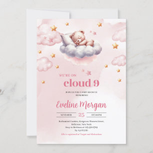 Minimalist teddy bear cloud nine girl baby shower invitation