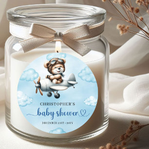 Minimalist Teddy Bear Pilot Airplane Blue Brown Classic Round Sticker