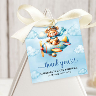 Minimalist Teddy Bear Pilot Airplane Blue Brown Favor Tags