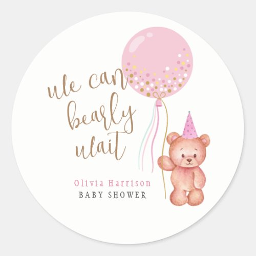 Minimalist Teddy Bear Pink Balloon Baby Shower Classic Round Sticker