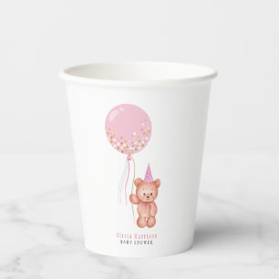 Minimalist Teddy Bear Pink Balloon Baby Shower Paper Cups