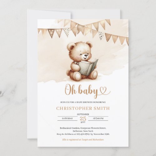 Minimalist teddy bear reading a book bunting flags invitation