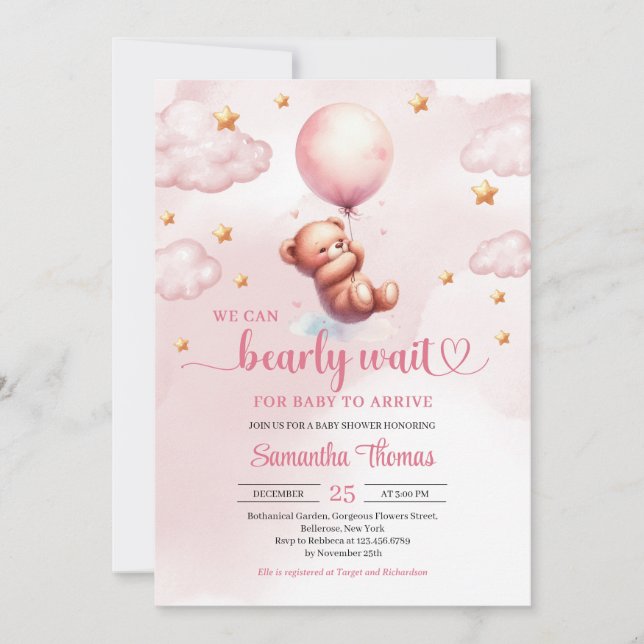 Minimalist teddy with pink balloon girl shower invitation (Front)