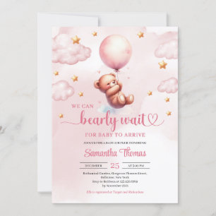 Minimalist teddy with pink balloon girl shower invitation