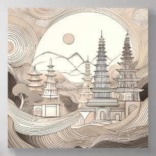 Minimalist Temple Pagodas in Abstract Curves Acrylic Photo Tile