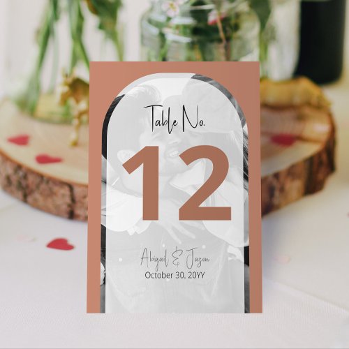 Minimalist Terra Cotta Arched Wedding Photo Table Number