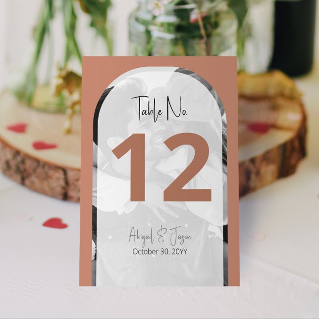 Minimalist Terra Cotta Arched Wedding Photo Table Number (Modern Minimalist Terra Cotta Arched Wedding Table Numbers | Customize and Preview on Screen Now! )