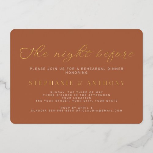 Minimalist Terracotta and Gold The Night Before  Foil Invitation