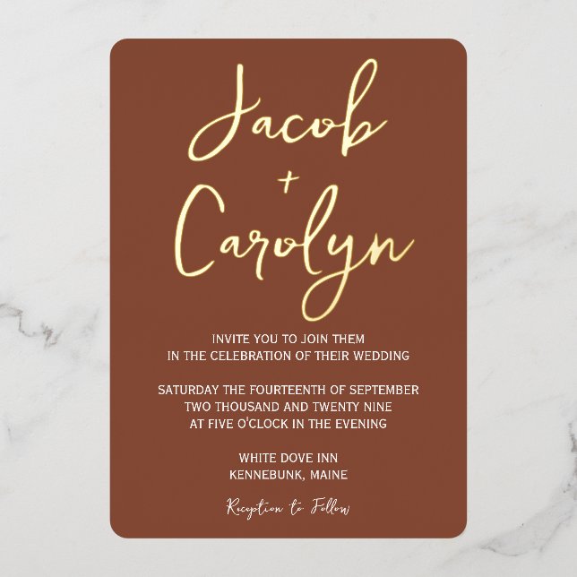 Minimalist Terracotta and Gold Wedding Foil Invitation (Front)