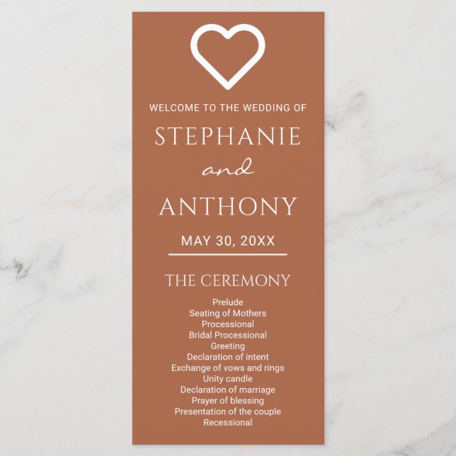 Minimalist Terracotta And White Heart Wedding  Program (Front)