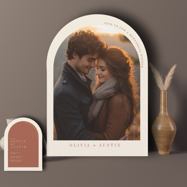 Minimalist Terracotta Arch Photo Rehearsal Dinner Invitation (Creator Uploaded)