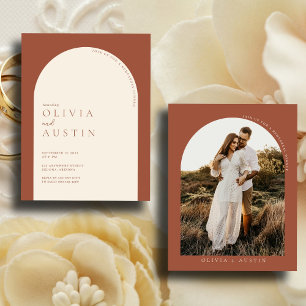 Minimalist Terracotta Arch Photo Rehearsal Dinner Invitation