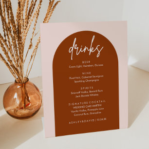 Minimalist Terracotta Arch Wedding Drinks Bar Menu Pedestal Sign