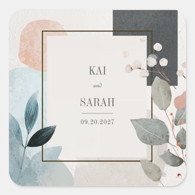 Minimalist Terracotta Blue Geometric Leaf Wedding Square Sticker (Front)